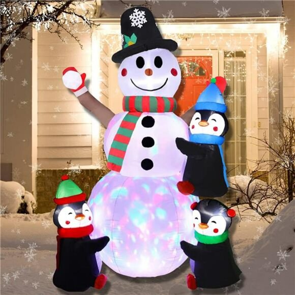 6FT Christmas Inflatables Snowman with Three Penguins, with LED - Picture 5 of 6
